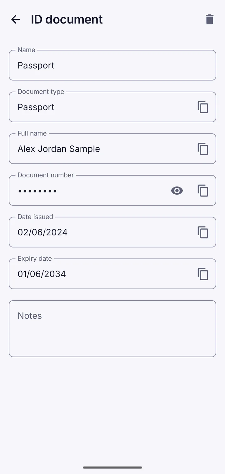 Passport details saved in the vault
